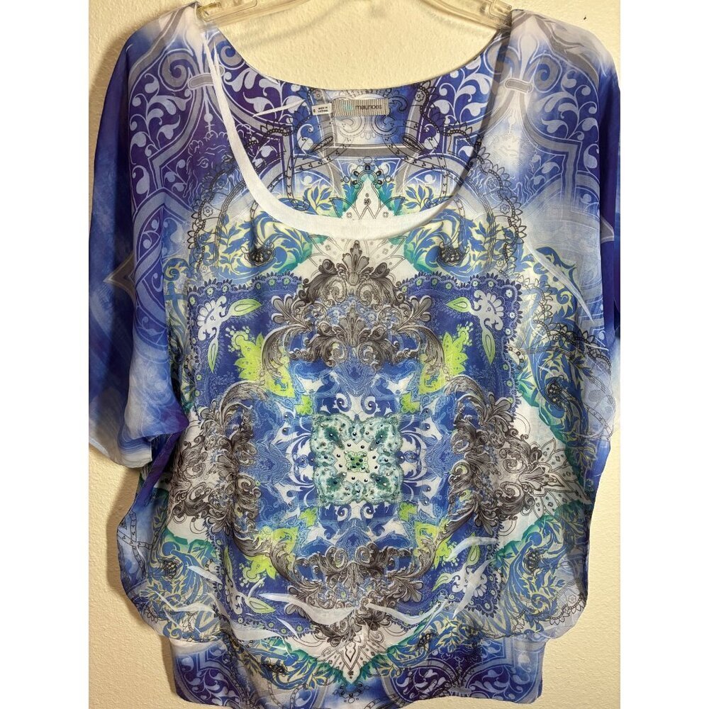 Maurices Blouse Boho Embellished Rhinestone Colorful Granny Retro Y2K Blue Sz 0X